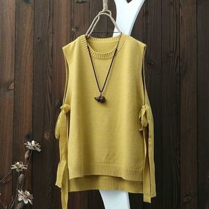 Nouveau style littéraire col rond couleur unie gilet tricoté gilet pour femme avec large gilet pull ample avec fentes X0721