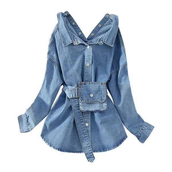 Veste en jean ample, nouveau Style, chemise mi-longue rétro pour femmes, chemisier de Niche Design col en v, robe en denim décontractée pour femmes