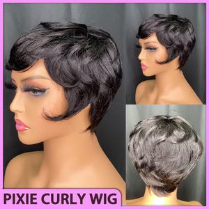 Nieuwe Stijl Maleisisch Peruaans Indiaas Braziliaans Wijngrijs 100% Ruw Maagd Remy Menselijk haar Natuurlijk Zwart Pixie Krullend Normale Korte Bang Pruik