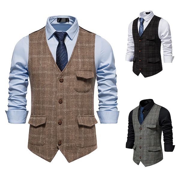 Mens Plaid Tweed Vest Vintage Single-breasted Waistcoat England style Groomsmen Suits Vest For Wedding