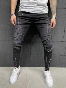Nieuwe stijl heren persoonlijkheid gescheurd jeans mannelijke Koreaanse stijl trendy mode verf dot splash inkt ontwerp slanke print denim broek x0621