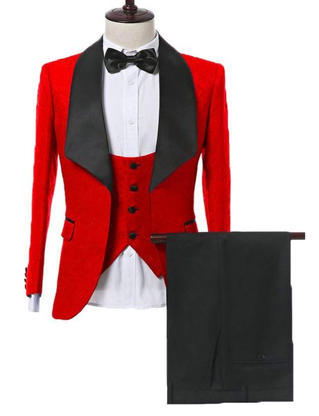 Nouveau style hommes costumes motif rouge smokings marié châle satin revers garçons d'honneur mariage meilleur homme 3 pièces (veste + pantalon + gilet + cravate) L425