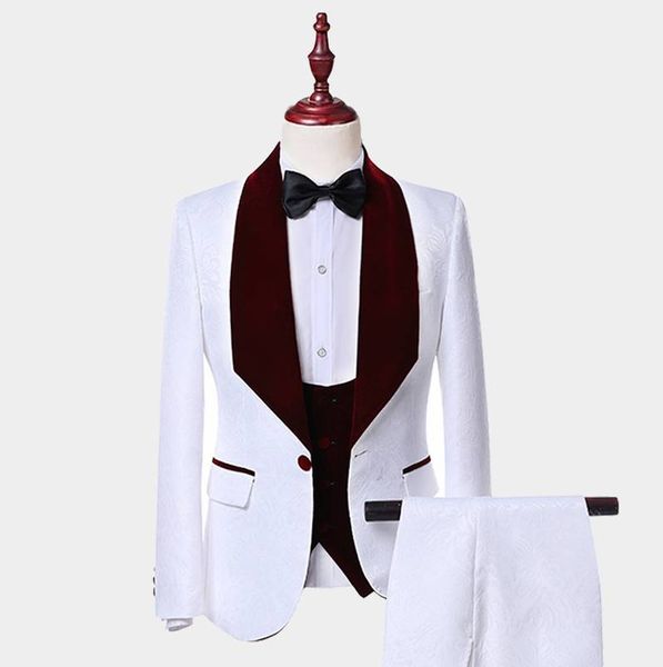 Nouveau style hommes costumes blanc motif marié smokings châle rouge foncé velours revers garçons d'honneur mariage meilleur homme (veste + pantalon + gilet + cravate) L424