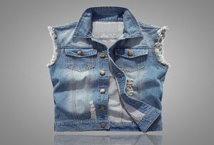 Nieuwe Stijl Men039s Denim Vest Plus 6XL Men039s Jas Mouwloos Casual Vest Jean Jas Gescheurd Slim Fit Mannelijke Jas Cowbo1472359