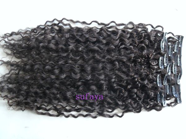 Nouveau style mongol humain bouclés trame de cheveux clip dans les extensions de cheveux non transformés bouclés couleur noire naturelle extensions humaines peuvent être teintesJH6W