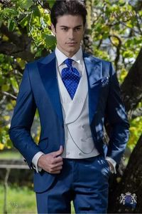 Nieuwe Stijl One Button Blue Wedding Bruidegom Tuxedos Peak Reveme Groomsmen Men Suits Prom Blazer (Jack + Pants + Vest + Tie) No: 2010