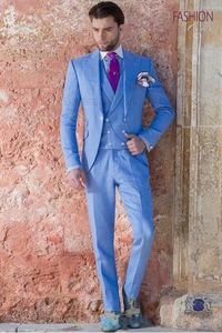 Nuevo estilo, un botón, azul claro, boda, novio, esmoquin, pico, solapa, padrinos de boda, hombres, trajes, chaqueta de graduación (chaqueta + pantalones + chaleco + corbata) NO: 2005