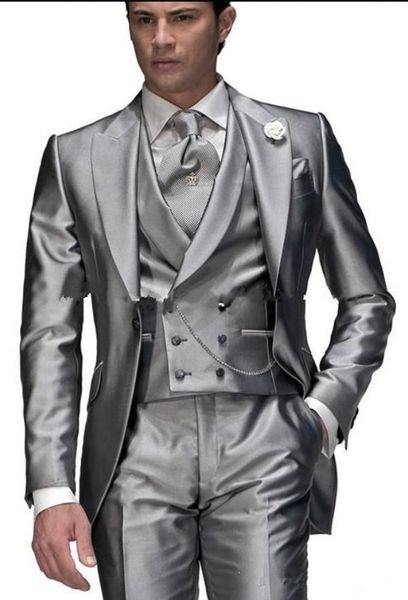 Nouveau Style Un Bouton Argent Gris Marié Tuxedos Peak Revers Garçons D'honneur Meilleur Homme Costumes De Mariage Pour Hommes (Veste + Pantalon + Gilet + Cravate) 4202