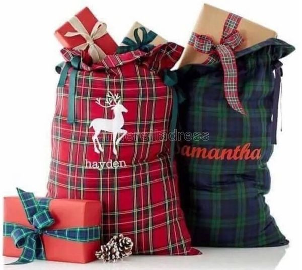 Nouveau Style Plaid Santa Sack Noël Santa Sacks pour enfants Candy Gift Bag Canvas Santa Sack Plaid Style X-mas Gift Sack I0424