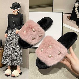 Pantofole a fondo piatto in peluche di nuovo stile per la moda femminile, scopa a una linea per uso domestico, pantofole in pelliccia grande, perle e cotone aperte 231015