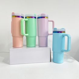 Nieuwe stijl poeder gecoat 30 oz macaron regenboog vergulde koffie geïsoleerde tumbler dubbelwandige roestvrijstalen mokken cups met handgreep voor lasergravure