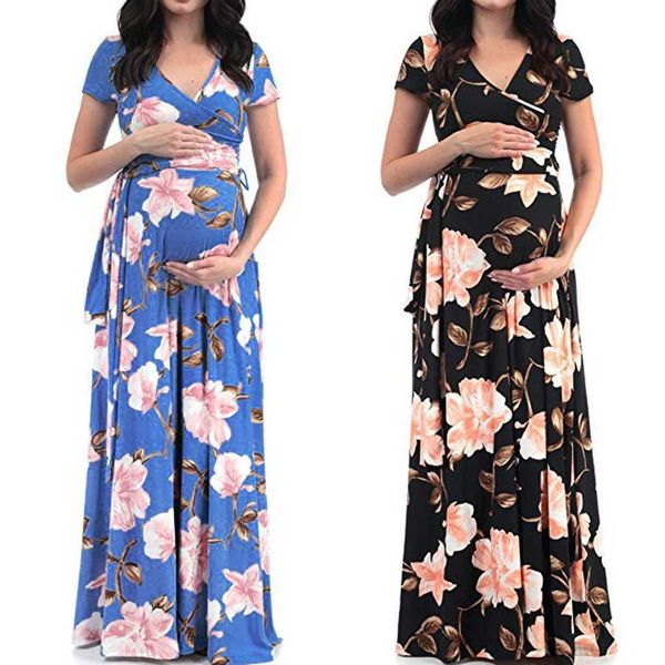 Nouveau Style Femmes Enceintes Floral Long Maxi Robes Robe De Maternité Photographie Séance Photo Vêtements Grossesse D'été Plage Robe D'été X0902