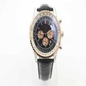 Nieuwe stijl quartz horloge chronograaf functie stopwatch zwarte wijzerplaat gouden gecanneleerde kast lederen riem zilver skelet 1884 navitimer horlogec208f