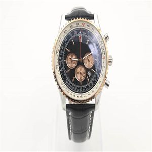 Nieuwe stijl quartz horloge chronograaf functie stopwatch zwarte wijzerplaat gouden gecanneleerde kast lederen riem zilver skelet 1884 navitimer horlogec266e
