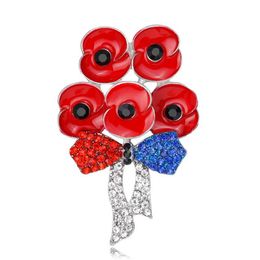 Nuevo estilo, broche de flor de amapola esmaltada roja, insignia de lazo de diamantes de imitación, alfileres para cuello, accesorios de traje para mujeres y hombres J