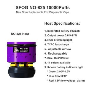 SFOG Batería de cigarrillo electrónico desechable reemplazable original NO-825 Host 600mah Batería incorporada Flujo de aire ajustable recargable Pluma de vapor con indicador RGB de 3 colores