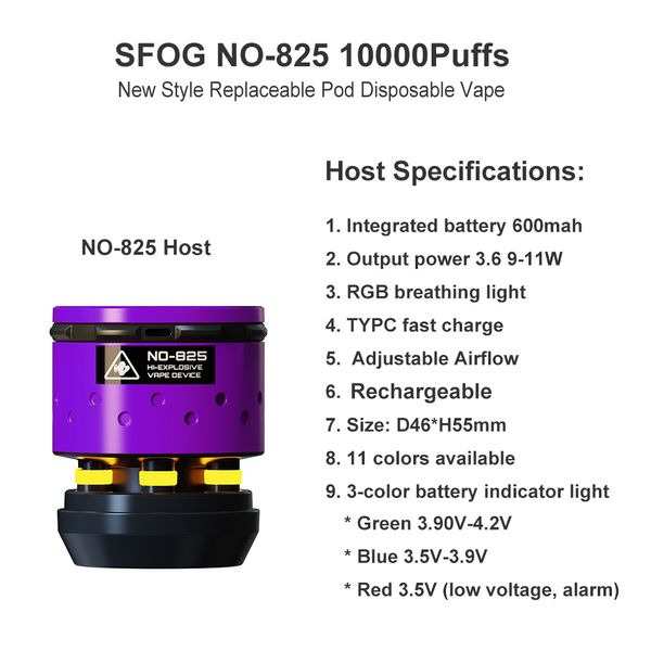 SFOG Batterie de cigarette électronique jetable à dosette remplaçable d'origine NO-825 Hôte 600 mah Batterie intégrée rechargeable Débit d'air réglable Stylo à vapeur avec indicateur RVB 3 couleurs