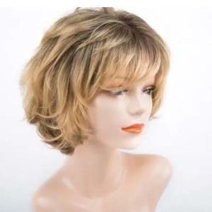 Nouveau style court brun blond mélange perruque cheveux bouclés avec frange chaleur sûre perruques complètes