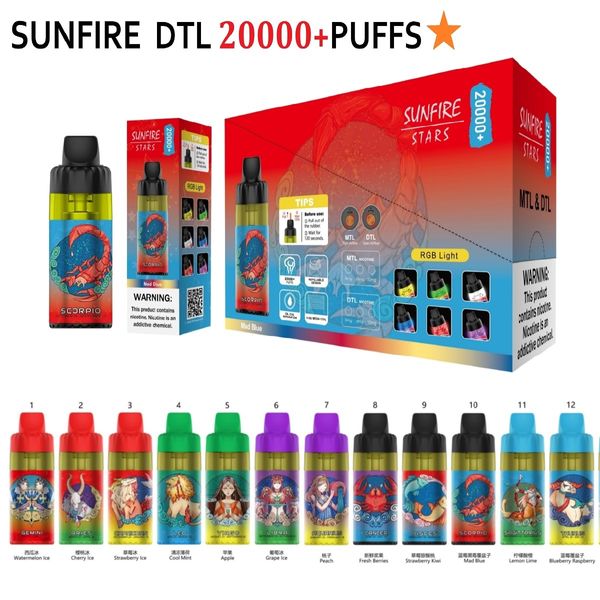 Nouveau style Sunfire Stars 28000 20000 Puffs jetable 12 FAVORS VAPE POD Pen Shisha Device Puff 10k 20K 28K avec vapeur RGB Light 30ml Refipillable DTL / MTL Tornado Vapers