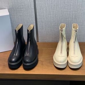 Nouveau style The Row Bottines Chelsea en cuir lisse blanc avec plateforme zippée, bout rond, talons bloc, bottines plates, grosses bottes de luxe de styliste