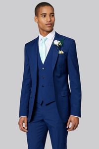 Nieuwe stijl Twee knoppen Royal Blue Wedding Bruidegom Tuxedos Peak Revers Groomsmen Mannen Suits Prom Blazer (jas + Broek + Vest + Tie) No: 2000