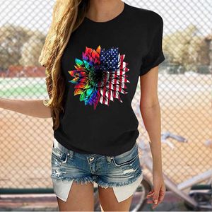 Nieuwe stijl unisex onafhankelijkheidsdag 4 juli zonnebloempatroon bedrukt zomer T-shirt met korte mouwen