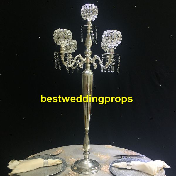 décoration Nouveau style Centres de mariage Cristal Candélabre Pilier Bougeoir Ensemble avec perle de verre Bougeoir en métal doré best01053