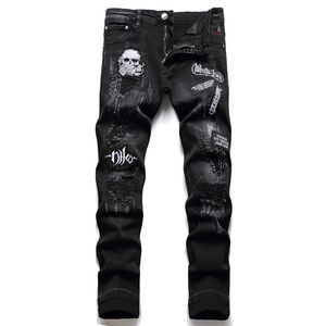 New Style West Coast hip hop punk lettering torn taped stretch pleins men's jeans embroidered printed printed trousers awl waist casual jeans