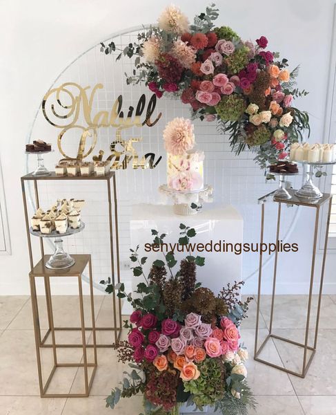 Nuevo estilo Venta al por mayor mesa de postres de boda cilindro pilar oro columna moderna soporte de exhibición de flores decoración de escenario de boda senyu0434