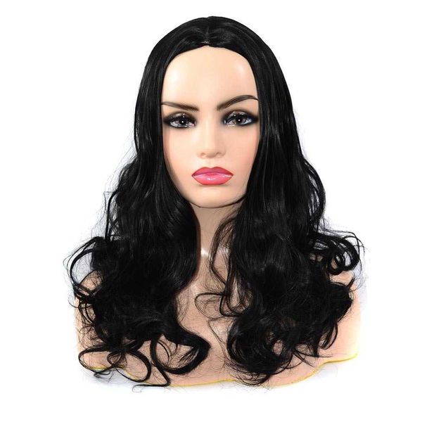 Nouveau style perruque femmes fendu grande vague cheveux longs bouclés couvre-chef mode noir fibre chimique cheveux bouclés couvre-chef