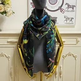 Écharpe carrée pour femmes, 100% soie sergée, couleur noire, motif de fleurs d'oiseaux, taille 130cm - 130cm