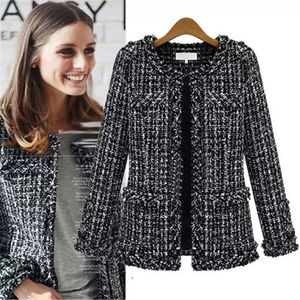 Nouveau Style Femmes Veste De Mode Femmes Manteau Automne Hiver Mince Noir Blanc À Carreaux Tweed Casual Dame Survêtement Plus La Taille S-4XL