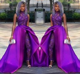 2020 Combinaisons violettes classiques robes de bal avec train détachable col haut dentelle appliquée perles robes de soirée fête africaine femmes pantalons costumes