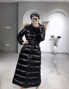 Nouveaux styles doudoune longue femme hiver épaississement chaud à capuche grand col en fourrure manteau d'extérieur mince avec ceinture