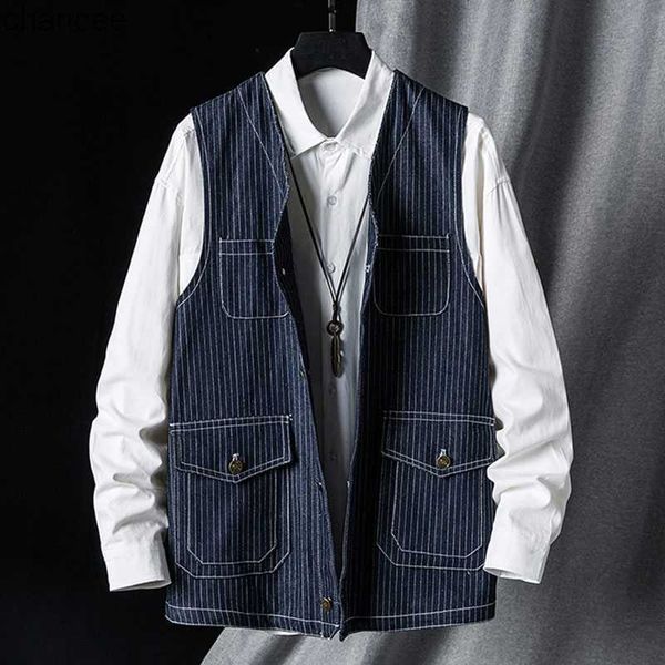 Nouveau élégant Cool hommes Denim gilet bureau d'affaires Vintage rayé rétro gilet sans manches jean veste pour hommes HKD230831