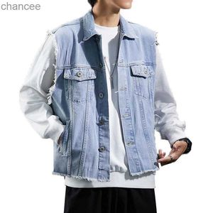 Nieuwe Stijlvolle Cool Heren Denim Vest Verontruste Vintage Ripped Kwastje Vest Paars Blauw Mouwloos Jeans Jas Voor Mannen HKD230831