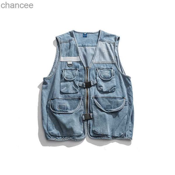 Nouveau élégant Cool hommes Denim gilet coupe ample rue Vintage Multi poches rétro gilet sans manches Jeans veste pour hommes HKD230831