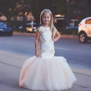 Nieuwe stijlvolle zeemeermin bloemenmeisjes jurken kanten mouwloos voor bruiloftsfeestje kleine meisje prom optocht communie jurken