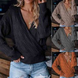 Nieuwe stijlvolle vrouwen Deep V Neck Wrap Hollow Leisure Sweater Lange mouw Haakbrei -pullover top L220705