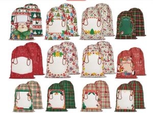 NOUVEAUX Sacs cadeaux de Noël vierges par sublimation Sac à cordon décoré Sac de Père Noël en toile réutilisable avec cordons de serrage Sac en toile de jute pour Noël 46x64 cm 18 styles