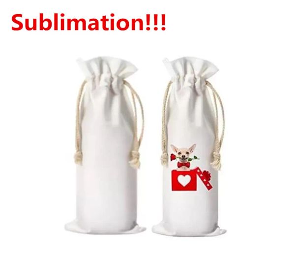 Nuevos espacios en blanco de sublimación, bolsas de regalo para botellas de vino de boda, bolsa de vino de lona con cordón para decoración navideña de Halloween 2024