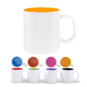 Nieuwe sublimatie witte plastic mok 11oz binnenkleurige koffiekopje met handgreep warmte veilig pbt warmte overdracht afdrukken mokken diy logo voedselkwaliteit bpa gratis