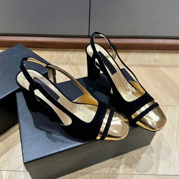 Nuevo Ante dorado Patchwork negro slingback bombas zapatos para mujer Punta cuadrada Sandalias de tacón grueso correa trasera Diseñador de lujo Tacones altos zapatos de fiesta para cena Caja de 90 mm