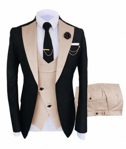 Nouveau costume hommes 3 pièces Fit Costume Homme châle revers Blazer smoking populaire fête de mariage Blazer + gilet + pantalon u3TA #