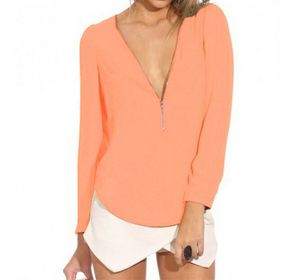 New Summer 5 Couleurs Femmes Chemises À Col En V À Manches Longues En Mousseline De Soie Zip-Front Blouse Couleur Unie Livraison Gratuite