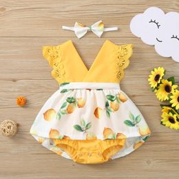 Neue Sommer Baby Kinder Mädchen Spitze Zitrone Druck Prinzessin Kleid V-ausschnitt Ärmellose Strampler Bogen Stirnband Outfits Baby Kleidung Vestido