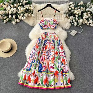 Nouvel Été Plage Boho Vacances Femmes Deux Pièces Robe Ensembles Sexy Bretelles Mode Dots Imprimer Chemise Courte En Mousseline De Soie Et Taille Haute Sirène Jupe Longue Ensemble