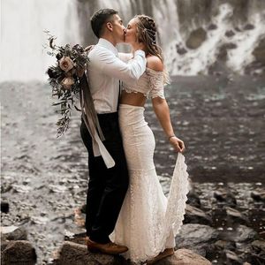 Nuevo verano bohemio de dos piezas de encaje sirena vestidos de novia de novia fuera del hombro manga corta Bateau cuello vestidos de novia para novia