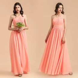 Nieuwe zomer chiffon oranje roze bruidsmeisje jurken elegante one-shoulder plooien lange bruiloft gastmeisje jurken avondjurk op maat gemaakte 50 kleuren