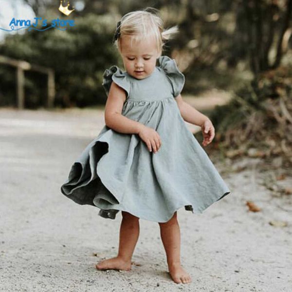 Nouvel été enfants filles robe à la mode couleur pure bébé filles robe mouche manches doux enfants vêtements vêtements mignons salopette Q0716